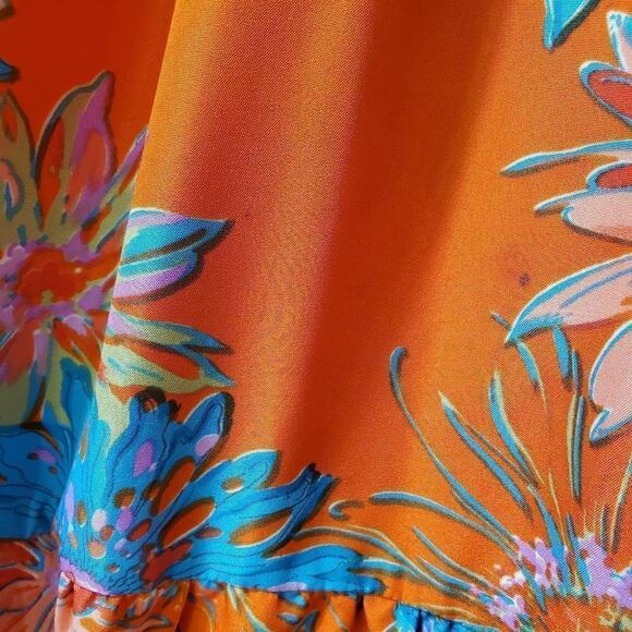 Zara Basic Orange Blue Floral Short Sleeve Tiered Mini Dress M - Picture 3 of 8